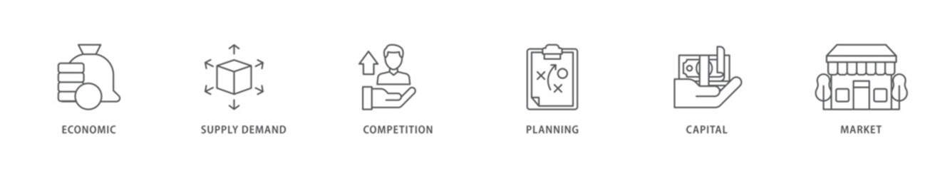 Market economy icon packs for your design digital and printing of economic, supply demand, competition, planning, capital, market icon live stroke and easy to edit 