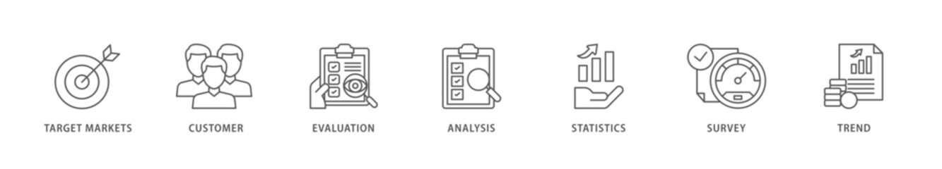 Market research icon packs for your design digital and printing of target markets, customer, evaluation, analysis, statistics, survey and trend icon live stroke and easy to edit 