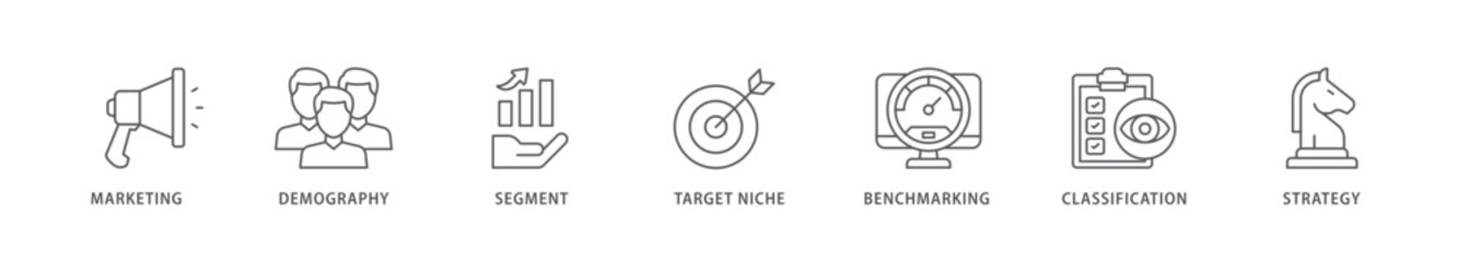 Market segmentation icon packs for your design digital and printing of marketing, demography, segment, target niche, benchmarking, classification, strategy icon live stroke and easy to edit 