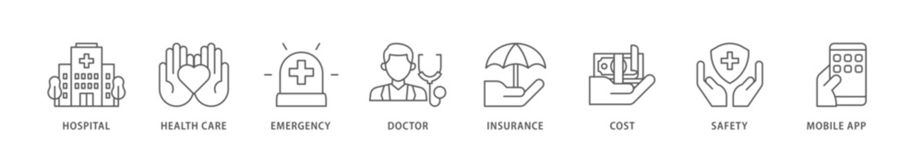 Medical care icon packs for your design digital and printing of hospital, health care, emergency, doctor, insurance, cost, safety, mobile app icon live stroke and easy to edit 