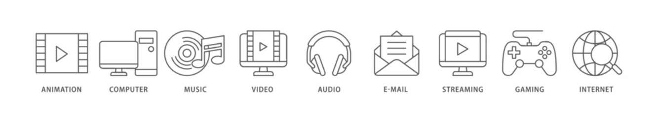 Multimedia icon packs for your design digital and printing of e mail, video, audio, internet, streaming, gaming, music, computer, animation icon live stroke and easy to edit 