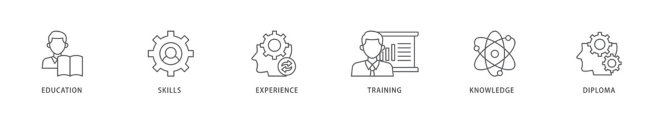 Qualification icon packs for your design digital and printing of education, skills, experience, training, knowledge, and diploma icon live stroke and easy to edit 