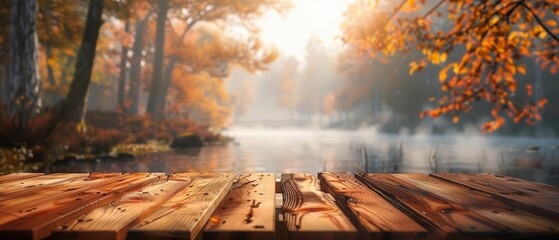 Wooden table amidst an autumn forest scene where the unfocused autumn morning creates a misty, enchanted atmosphere, Sharpen 3d rendering background