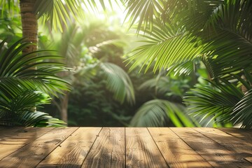 Wooden table by the palm leaves, capturing the essence of a tropical resort in the green background, Sharpen 3d rendering background