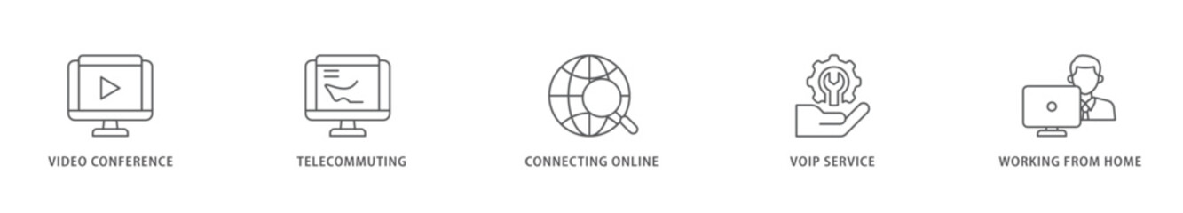 Remote working icon packs for your design digital and printing of video conference, telecommuting, connecting online, voip, and working from home icon live stroke and easy to edit 