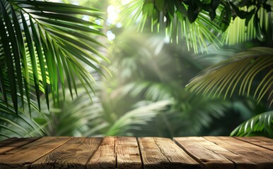 Wooden table by the palm leaves, capturing the essence of a tropical resort in the green background, Sharpen 3d rendering background