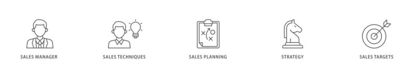 Sales management icon packs for your design digital and printing of manager, sales techniques, planning, strategy, and targets icon live stroke and easy to edit 
