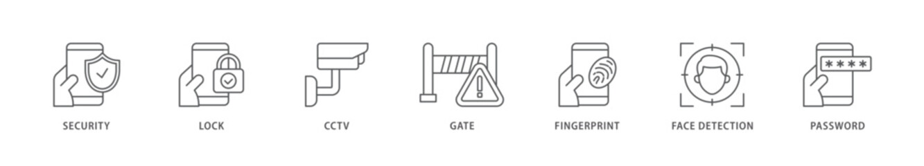 Security system icon packs for your design digital and printing of password, gate, face detection, finger print, cctv, lock, security icon live stroke and easy to edit 