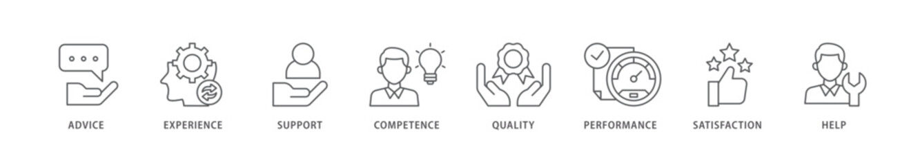 Service icon packs for your design digital and printing of advice, experience, support, competence, quality, performance, satisfaction, help, and call center icon live stroke and easy to edit 