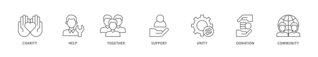 Volunteering icon packs for your design digital and printing of charity, help, together, support, unity, donation, and community icon live stroke and easy to edit 