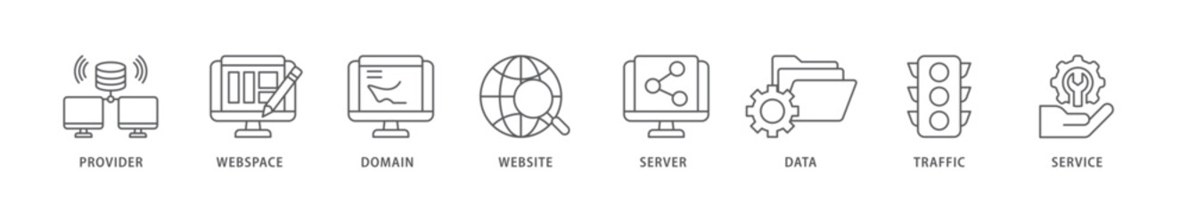 Web hosting icon packs for your design digital and printing of provider, webspace, domain, website, server, data, traffic and service icon live stroke and easy to edit 