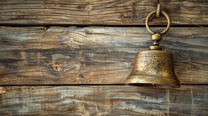 Illustration of a brass bell hanging on a wooden background with copy space. Ai generated
