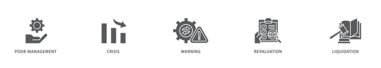 Business failure icon packs for your design digital and printing of poor management, crisis, warning, revaluation and liquidation icon live stroke and easy to edit 