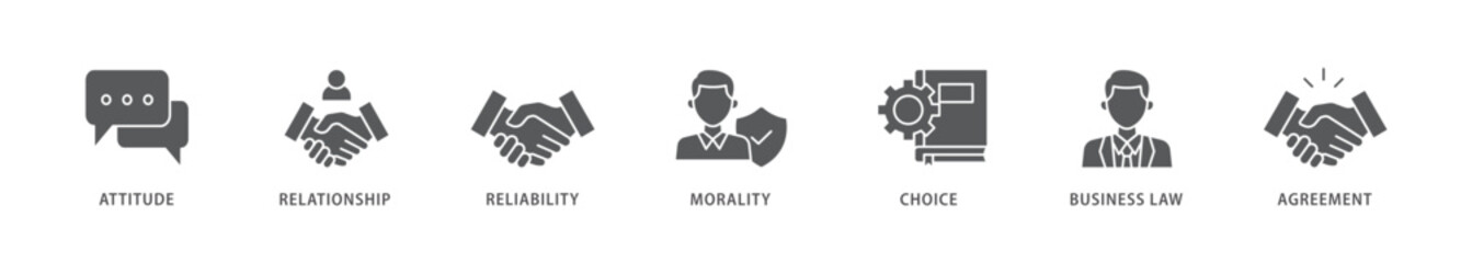 Business ethics icon packs for your design digital and printing of attitude, relationship, reliability, morality, choice, business law and agreement icon live stroke and easy to edit 