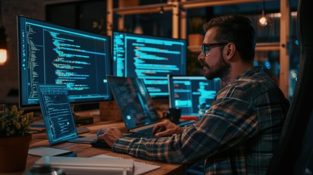 A software developer works on code late into the night, illuminated by the glow of multiple computer screens in a modern office. AIG41