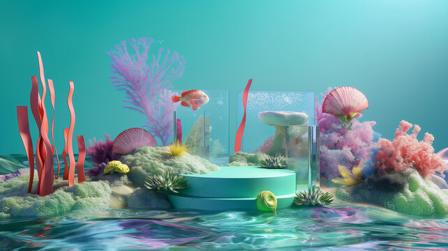 marine and Sea beach theme scene design with round podium, bright and colorful underwater ,Dream-core Compositions Surrealist. .Coral reef , seaweed starfish and undersea life