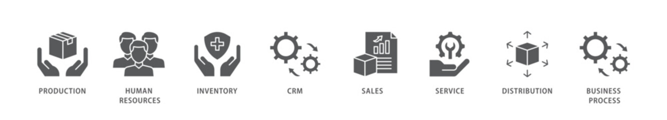 Enterprise resource planning icon packs for your design digital and printing of production, human resources, inventory, crm, sales, service icon live stroke and easy to edit 