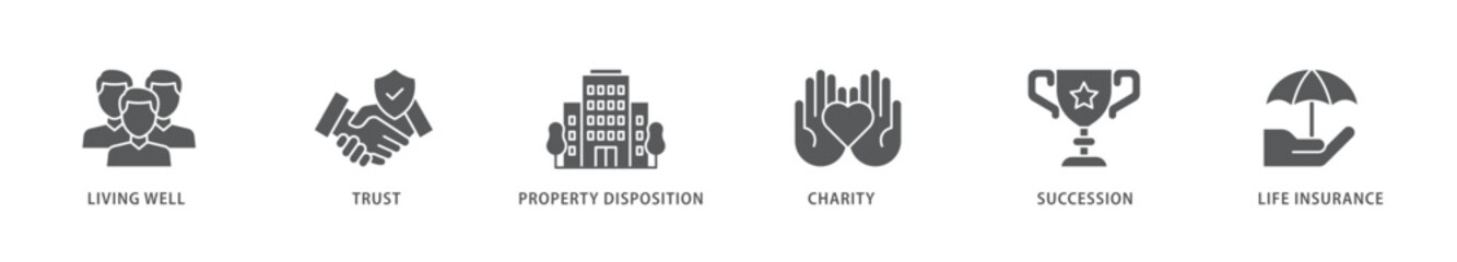 Estate planning icon packs for your design digital and printing of living well, trust, property disposition, charity, succession, life insurance icon live stroke and easy to edit 