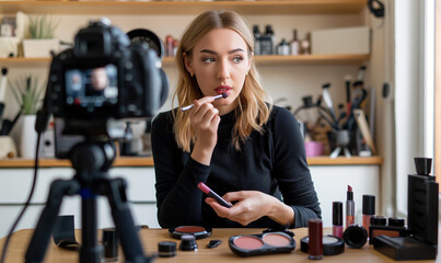 Beauty blogger applying makeup for tutorial video at home studio.