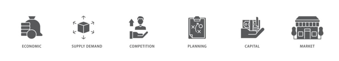 Market economy icon packs for your design digital and printing of economic, supply demand, competition, planning, capital, market icon live stroke and easy to edit 