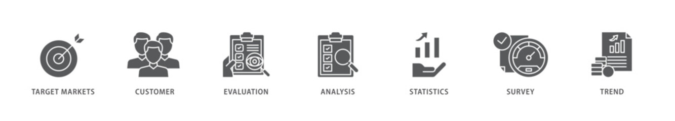 Market research icon packs for your design digital and printing of target markets, customer, evaluation, analysis, statistics, survey and trend icon live stroke and easy to edit 