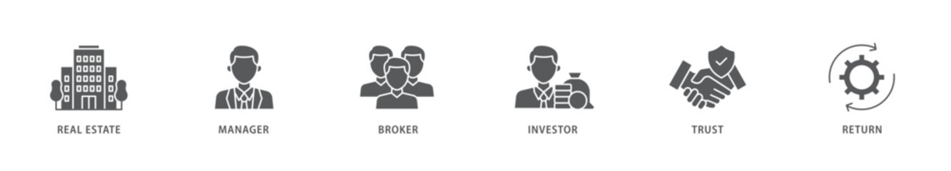 REIT icon packs for your design digital and printing of real estate, manager, broker, investor, trust and return icon live stroke and easy to edit 