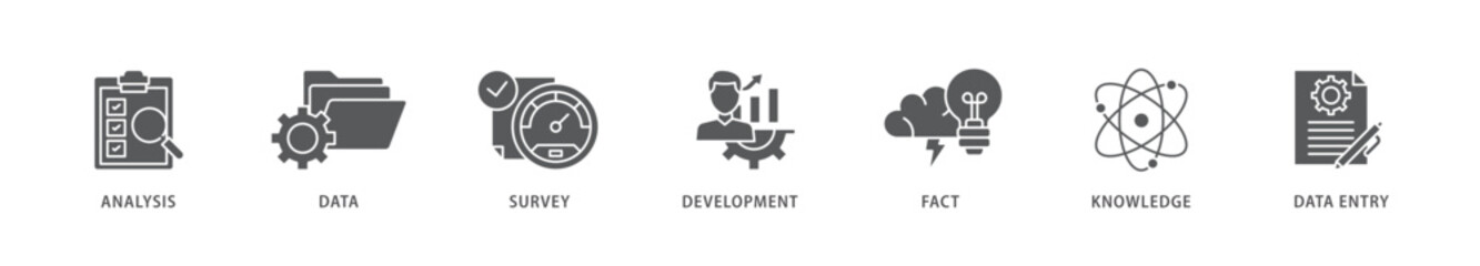 Research icon packs for your design digital and printing of analysis, data, survey, development, fact, knowledge and data entry icon live stroke and easy to edit 