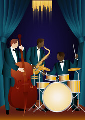 Jazz musicians on a universal background. Double bass, saxophone, drum. Musicians play musical instruments