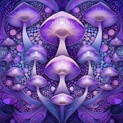 Magical Psychedelic Mushrooms in Kaleidoscope of Violet Shades and Tones. Symmetrical Design. Surreal Mystical Fairy Tale Creature Illustration. 