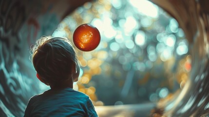 A curious child watches as a ball disappears through a hole in the tunnel wall only to reappear a moment later on the other side.