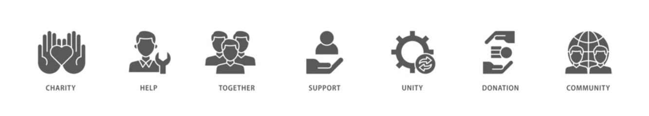 Volunteering icon packs for your design digital and printing of charity, help, together, support, unity, donation, and community icon live stroke and easy to edit 