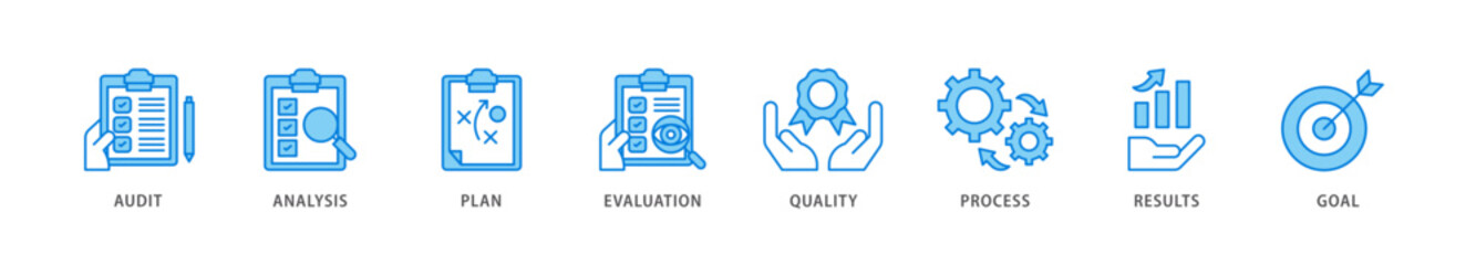 Assessment center icon packs for your design digital and printing of audit, analysis, plan, evaluation, quality,process,results and goal  icon live stroke and easy to edit 
