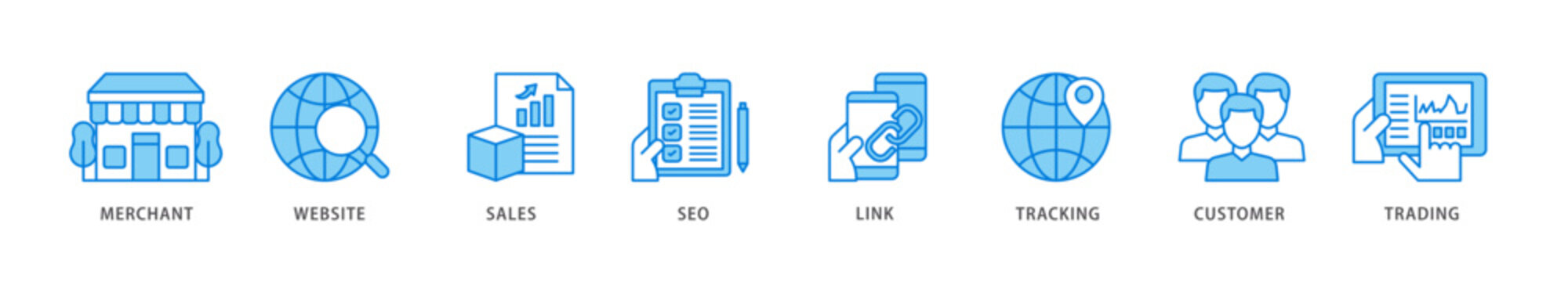 Affiliate marketing icon packs for your design digital and printing of trading, seo, tracking, customer, link, sales, website, merchant icon live stroke and easy to edit 