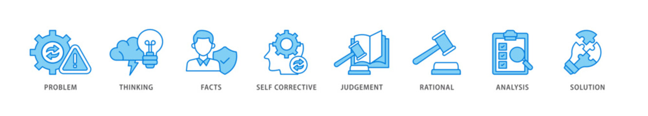 Critical thinking icon packs for your design digital and printing of solution, analysis, self corrective, rational, judgement, facts, thinking, problem icon live stroke and easy to edit 