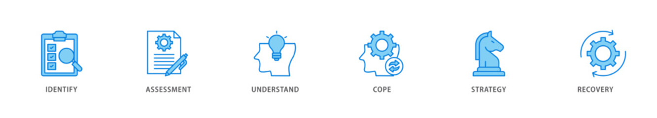 Crisis management icon packs for your design digital and printing of recovery, strategy, understand, assessment, identify, cope icon live stroke and easy to edit 