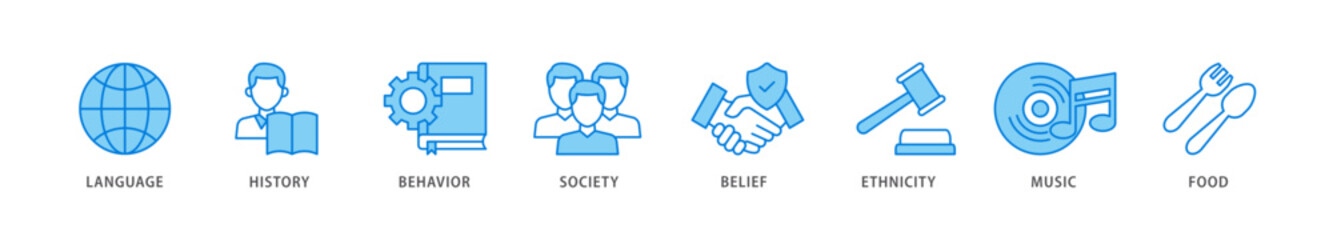 Culture icon packs for your design digital and printing of food, music, society, ethni, city, belief, behavior, history, language icon live stroke and easy to edit 