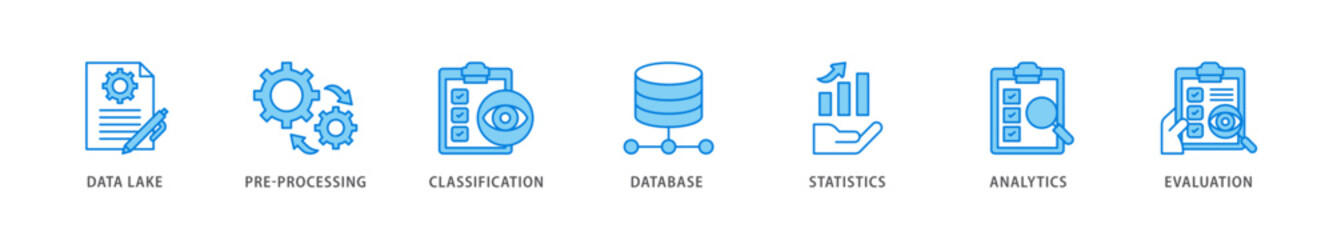 Data engineering icon packs for your design digital and printing of data lake, pre processing, classification, database, statistics, analytics and evaluation icon live stroke and easy to edit 