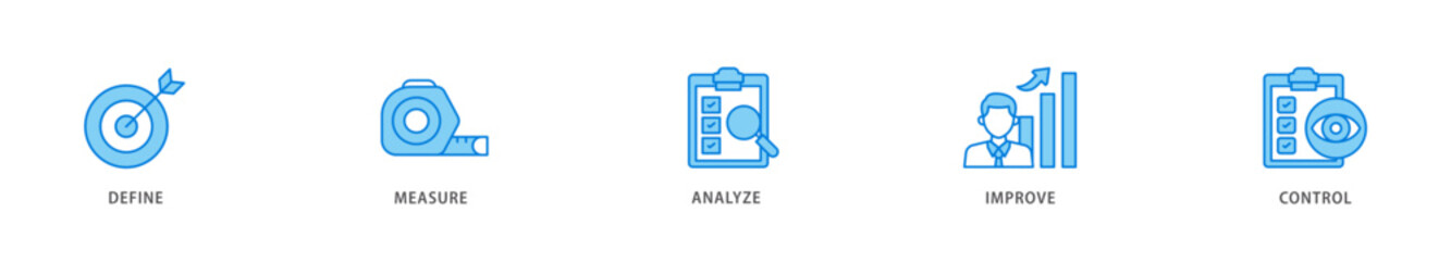 Dmaic icon packs for your design digital and printing of management, performance, development, target icon live stroke and easy to edit 