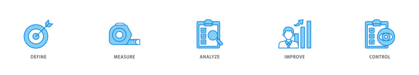 Lean six sigma icon packs for your design digital and printing of define, measure, analyze, improve, and control icon live stroke and easy to edit 