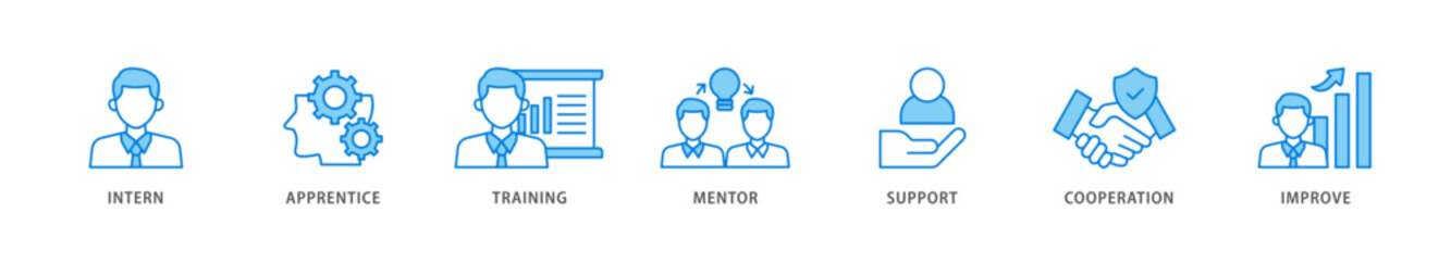 Trainee icon packs for your design digital and printing of intern, apprentice, training, mentor, support, cooperation and improve icon live stroke and easy to edit 