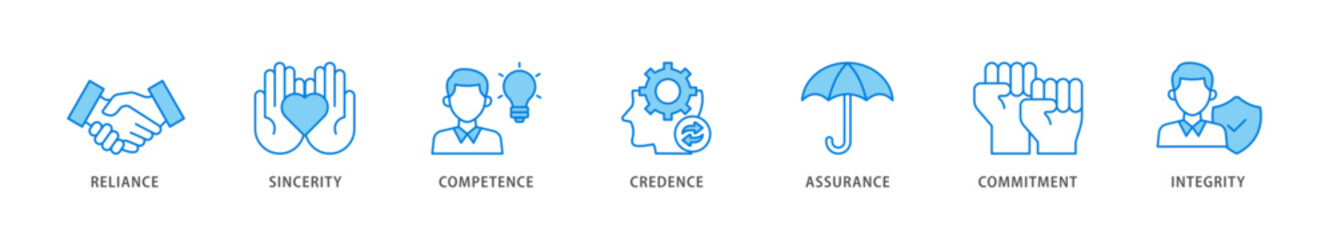 Trust icon packs for your design digital and printing of integrity, credence, commitment, assurance, competence, sincerity, reliance icon live stroke and easy to edit 