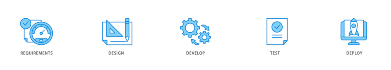 Waterfall icon packs for your design digital and printing of requirements, design, develop, test and deploy icon live stroke and easy to edit 