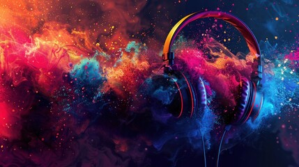 illustration world music day with headset headphones on abstract colorful dust background. Ai generated