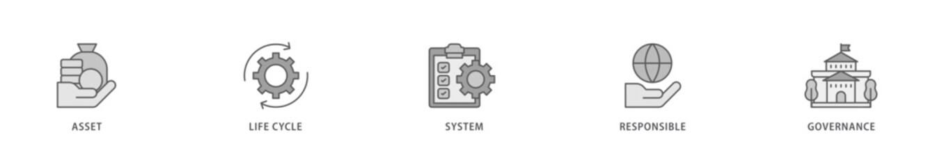 Asset management icon packs for your design digital and printing of asset, life cycle, system, responsible and governance icon live stroke and easy to edit 