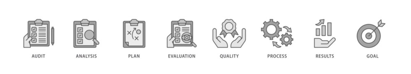 Assessment center icon packs for your design digital and printing of audit, analysis, plan, evaluation, quality,process,results and goal  icon live stroke and easy to edit 