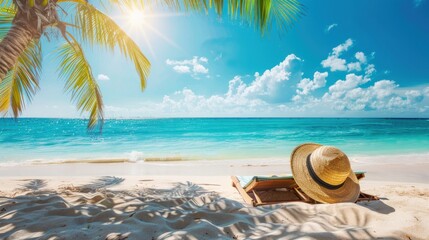 Illustration of sunbathing accessories on a tropical beach, Tropical beach with starfish on the sand on a summer vacation background. Ai generated