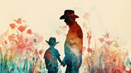watercolor drawing of a little boy and father. Father and son. Father's day concept. Ai generated