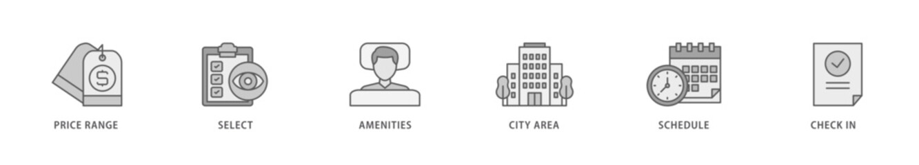 Hotel booking icon packs for your design digital and printing of city area, check in, schedule, amenities, select, price range icon live stroke and easy to edit 