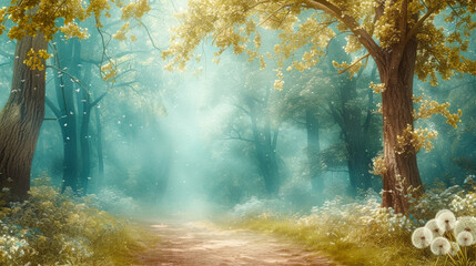 free space on the left corner for title banner with mesmerizing forest where the trees are tall