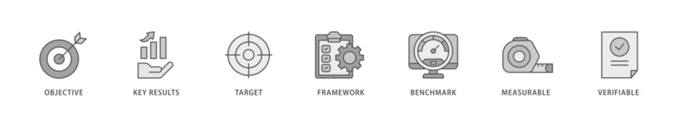 OKR icon packs for your design digital and printing of objective, key results, target, framework, benchmark, measurable, and verifiable icon live stroke and easy to edit 